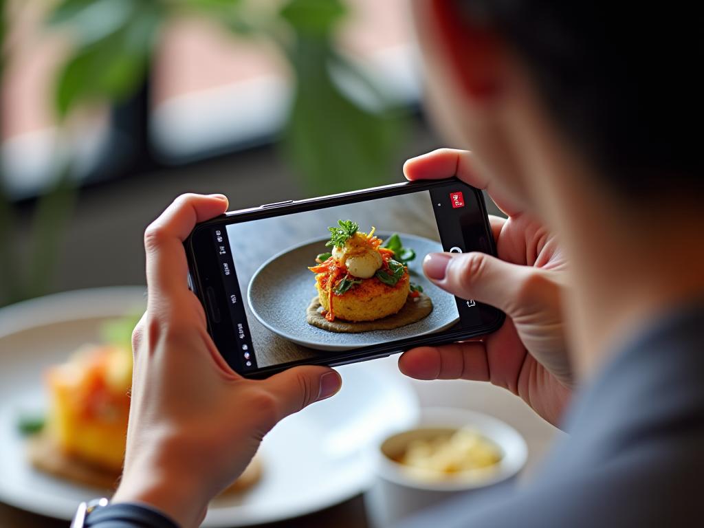 Food influencer creating content for F&B brand collaboration with smartphone and beautiful dishes